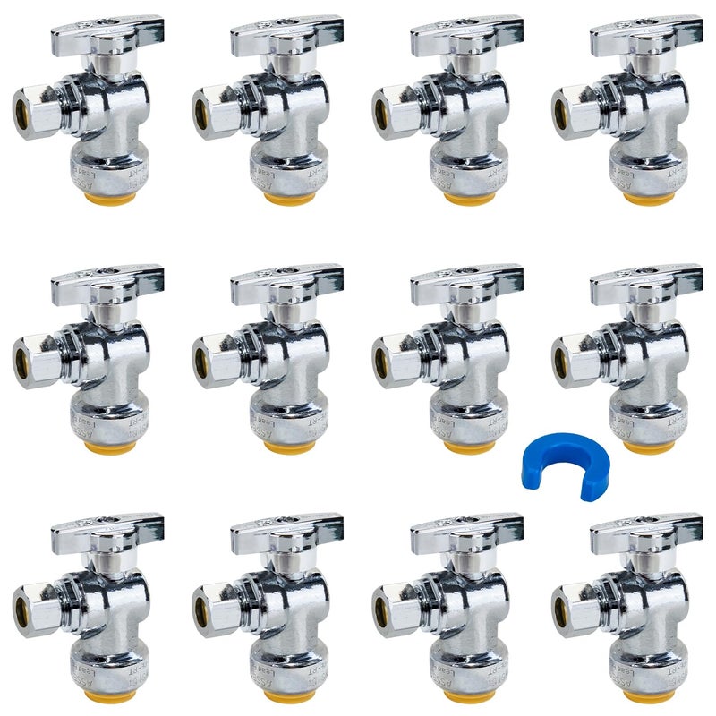SUNGATOR 12-Pack Angle Stop Valve, Angle Water Shut Off Valve 1/2 x 3/8 Inch Compression, Toilet Water Shutoff, 1/4 Turn, No Lead Brass Push-to-Connect Plumbing Fittings for PEX Pipe, Copper, CPVC - Image 1